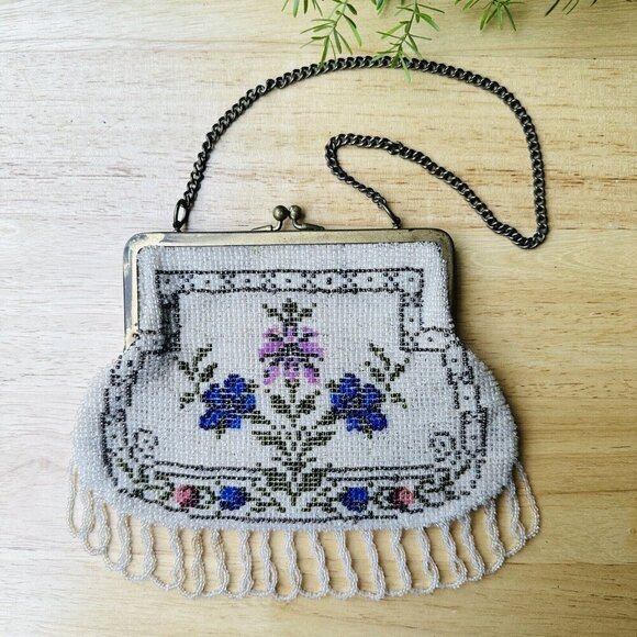 Antique Edwardian Fringe Flapper Purse Evening Bag Micro Seed Bead Floral Metal - Picture 1 of 16